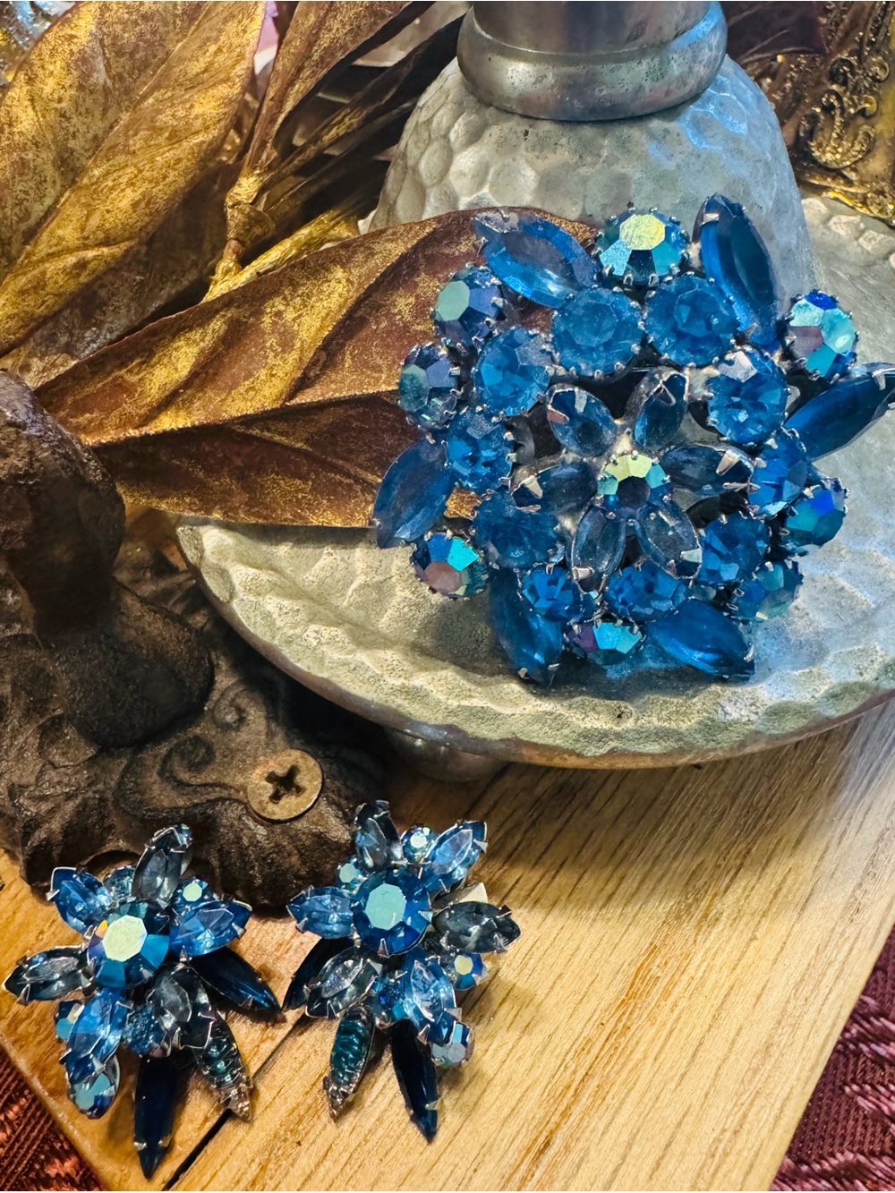 Vintage Beau Jewels Blue Rhinestone Brooch Earrings Set MCM VTG Domed Starburst
